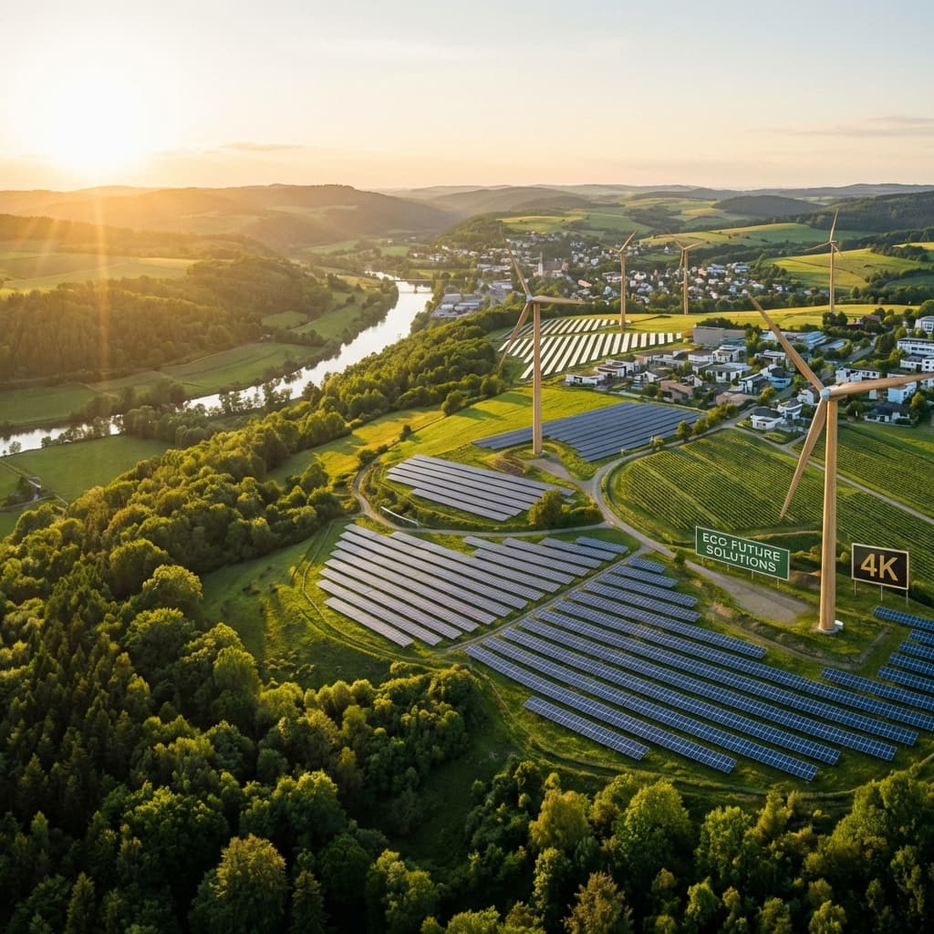 Sustainable development landscape with wind turbines and solar panels